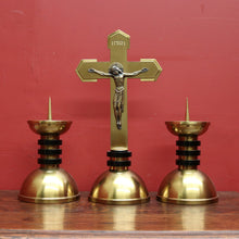 Load image into Gallery viewer, x SOLD A Set of Three Church Candle Holders and Crucifix, Brass and Ebonised Timber. B11677