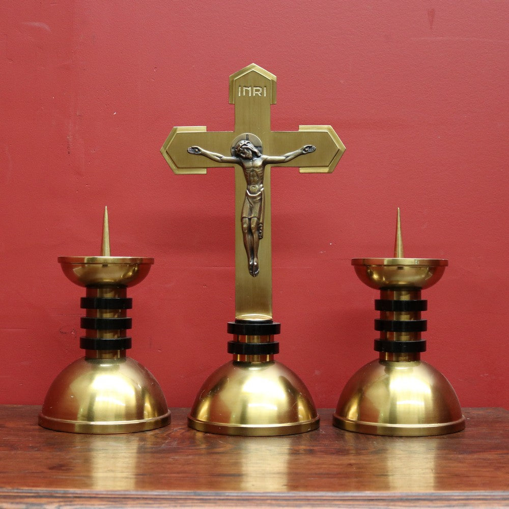 A Set of Three Church Candle Holders and Crucifix, Brass and Ebonised Timber. B11677