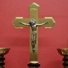 Load image into Gallery viewer, x SOLD A Set of Three Church Candle Holders and Crucifix, Brass and Ebonised Timber. B11677