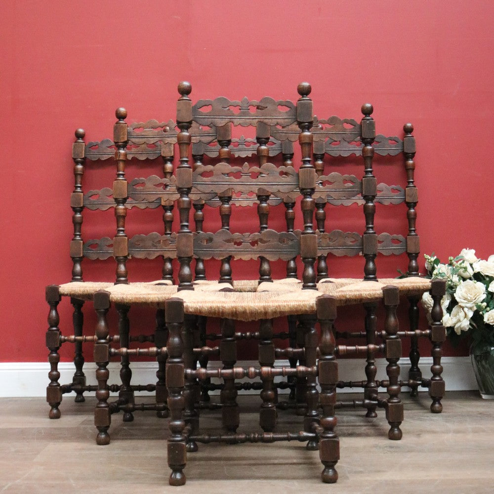 Set of 6 Dining Chairs or Kitchen Chairs, French Oak, Antique circa 1910, Rush Seats. B11782