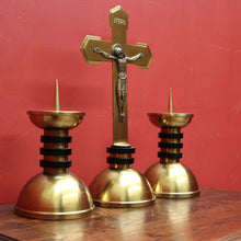 Load image into Gallery viewer, x SOLD A Set of Three Church Candle Holders and Crucifix, Brass and Ebonised Timber. B11677