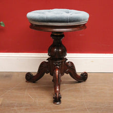 Load image into Gallery viewer, SOLD Antique Australian Cedar Piano Stool, Button Seated Blue Velvet Swivel Stool. B11770