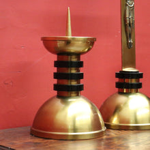 Load image into Gallery viewer, A Set of Three Church Candle Holders and Crucifix, Brass and Ebonised Timber. B11677

