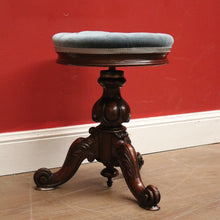 Load image into Gallery viewer, SOLD Antique Australian Cedar Piano Stool, Button Seated Blue Velvet Swivel Stool. B11770