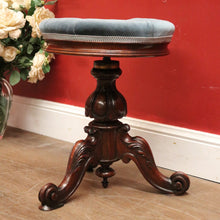 Load image into Gallery viewer, SOLD Antique Australian Cedar Piano Stool, Button Seated Blue Velvet Swivel Stool. B11770