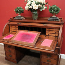 Load image into Gallery viewer, x SOLD Antique English Roll Top Desk or Barrel Top Desk, Pedestal Office Desk, Leather. B11534