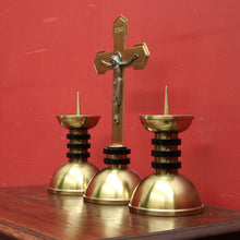 Load image into Gallery viewer, x SOLD A Set of Three Church Candle Holders and Crucifix, Brass and Ebonised Timber. B11677