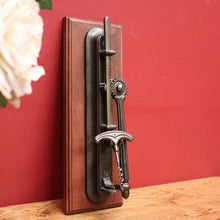 Load image into Gallery viewer, x SOLD Vintage French Wine Bottle Corkscrew, and Mounting Plate, Brass and Timber Mount Corkscrew. B11693