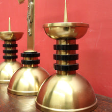 Load image into Gallery viewer, x SOLD A Set of Three Church Candle Holders and Crucifix, Brass and Ebonised Timber. B11677