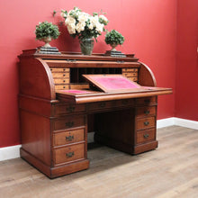 Load image into Gallery viewer, x SOLD Antique English Roll Top Desk or Barrel Top Desk, Pedestal Office Desk, Leather. B11534