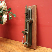 Load image into Gallery viewer, x SOLD Vintage French Wine Bottle Corkscrew, and Mounting Plate, Brass and Timber Mount Corkscrew. B11693