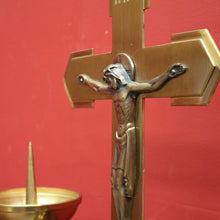 Load image into Gallery viewer, x SOLD A Set of Three Church Candle Holders and Crucifix, Brass and Ebonised Timber. B11677