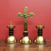 Load image into Gallery viewer, x SOLD A Set of Three Church Candle Holders and Crucifix, Brass and Ebonised Timber. B11677