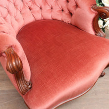 Load image into Gallery viewer, Antique Australian Cedar Button Back Armchair, Library Chair with Carved Frame. B13140