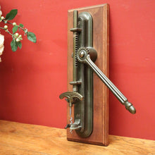 Load image into Gallery viewer, x SOLD Vintage French Wine Bottle Corkscrew, and Mounting Plate, Brass and Timber Mount Corkscrew. B11693
