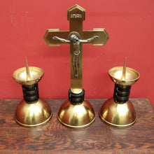 Load image into Gallery viewer, x SOLD A Set of Three Church Candle Holders and Crucifix, Brass and Ebonised Timber. B11677