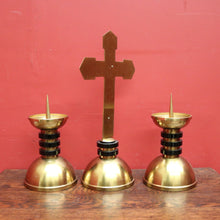 Load image into Gallery viewer, A Set of Three Church Candle Holders and Crucifix, Brass and Ebonised Timber. B11677
