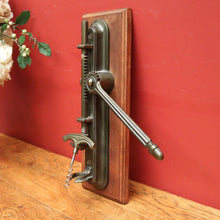 Load image into Gallery viewer, x SOLD Vintage French Wine Bottle Corkscrew, and Mounting Plate, Brass and Timber Mount Corkscrew. B11693