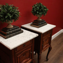 Load image into Gallery viewer, x SOLD Pair of Antique French Bedside Cabinets with Marble Tops, Cupboard and Drawer Storage. B11938