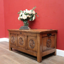 Load image into Gallery viewer, x SOLD Antique French Blanket Box, Oak Coffer or Coffee Table with Carved Detail. B11626