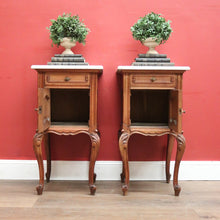 Load image into Gallery viewer, x SOLD Pair of Antique French Bedside Cabinets with Marble Tops, Cupboard and Drawer Storage. B11938