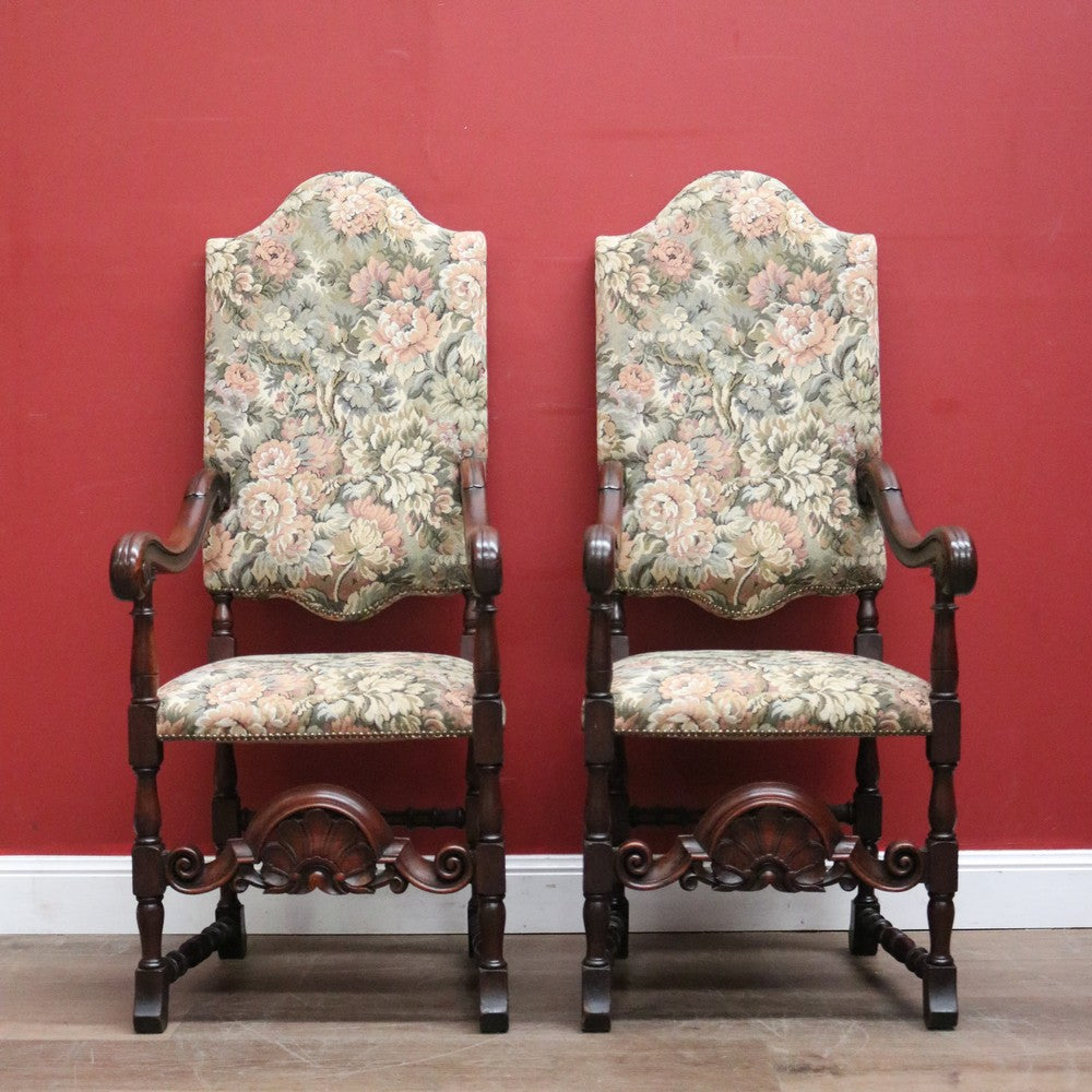 Pair of Antique Hall Chairs, French Walnut and Fabric Library Chairs or Armchairs. B11433