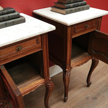 Load image into Gallery viewer, x SOLD Pair of Antique French Bedside Cabinets with Marble Tops, Cupboard and Drawer Storage. B11938