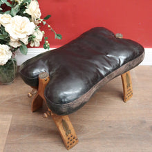 Load image into Gallery viewer, x SOLD Vintage Genuine Cowhide Camel Saddle Seat or Stool, Gilt Brass Mounts, Ottoman or Footstool