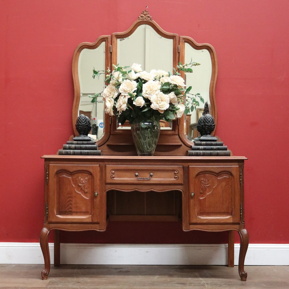 x SOLD Antique French Oak and Tri-fold Bevelled Mirror Dressing Table Because Antiques & Interiors x SOLD Antique French Oak and Tri-fold Bevelled Mirror Dressing Table Because Antiques & Interiors