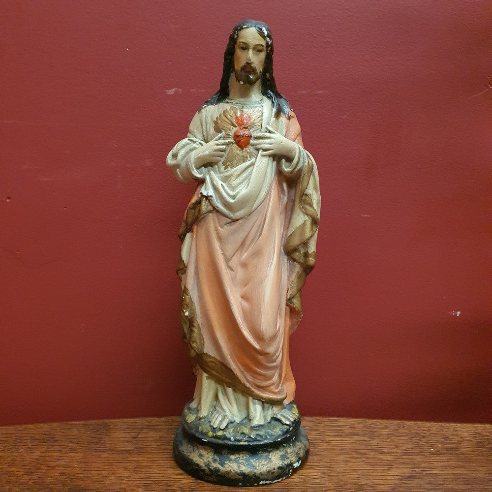 Antique Ceramic-Chalk Bust or plaster Sacred Heart of Jesus Statue or Figurine, Home Worship or Devotion. B11732