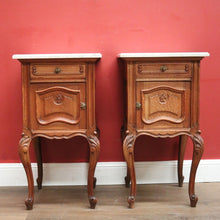 Load image into Gallery viewer, x SOLD Pair of Antique French Bedside Cabinets with Marble Tops, Cupboard and Drawer Storage. B11938