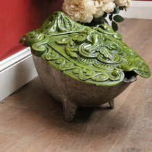 Load image into Gallery viewer, x SOLD Antique French Cast Iron Coal Bucket with a Green Enamel Lid and a Brass Coal Shovel. B11652
