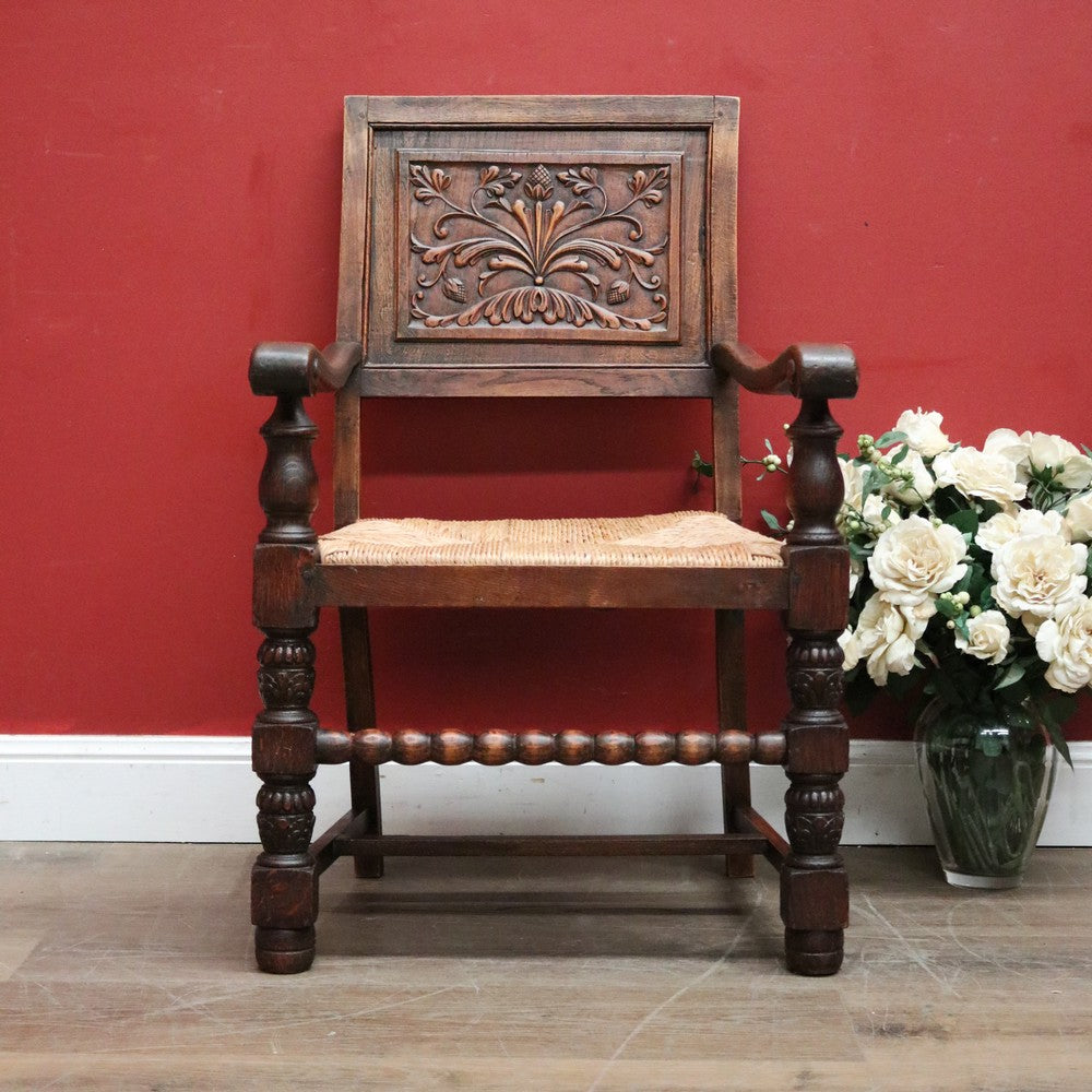 Antique French Hall Chair, an Oak and Rush Seat Carver, Office Chair or Armchair. B11801