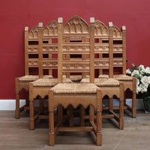 Load image into Gallery viewer, x SOLD Set of Six Antique Dining Chairs or Kitchen Chairs, Carved Gothic Detail. B11512