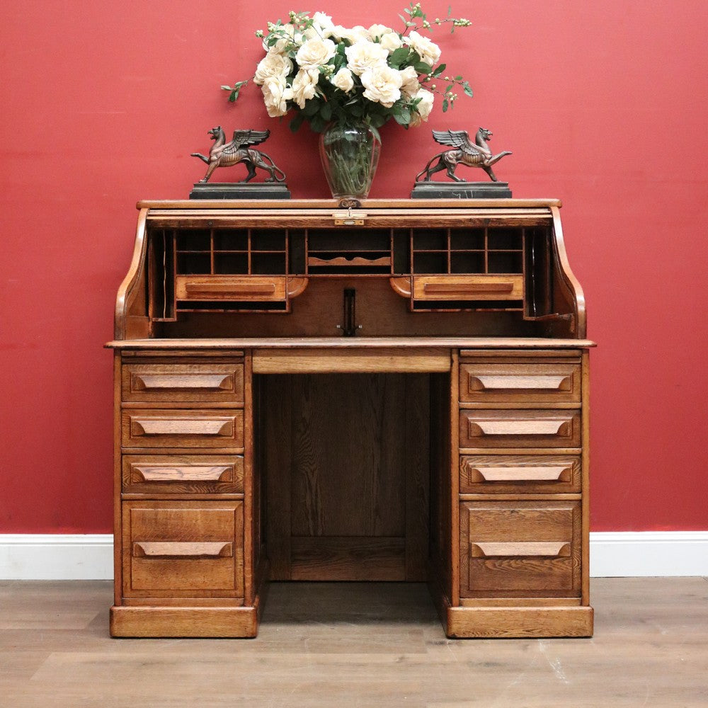 x SOLD Antique Cutler Desk, Twin Pedestal Cutler, NY, Buffalo Roll Top Office Desk with Key. B11931