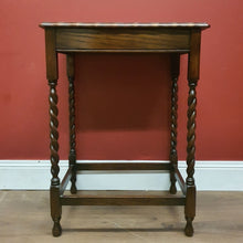 Load image into Gallery viewer, x SOLD Antique English Oak Hall Side or Lamp Table with Barley Twist Legs and a Stretcher Base. B12175