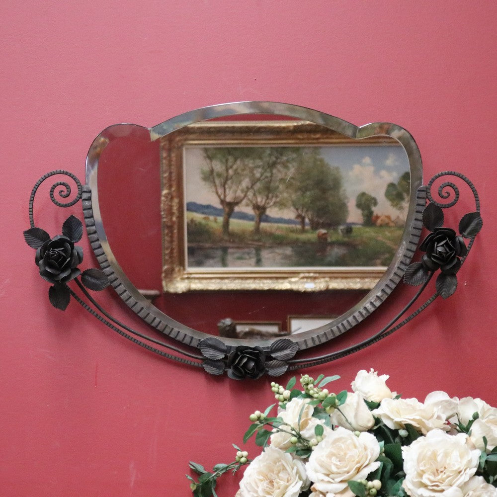 French Art Deco Wall Mirror, Wrought Iron and hand-forged Rose Frame Bevelled Mirror B11700