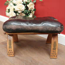 Load image into Gallery viewer, x SOLD Vintage Genuine Cowhide Camel Saddle Seat or Stool, Gilt Brass Mounts, Ottoman or Footstool