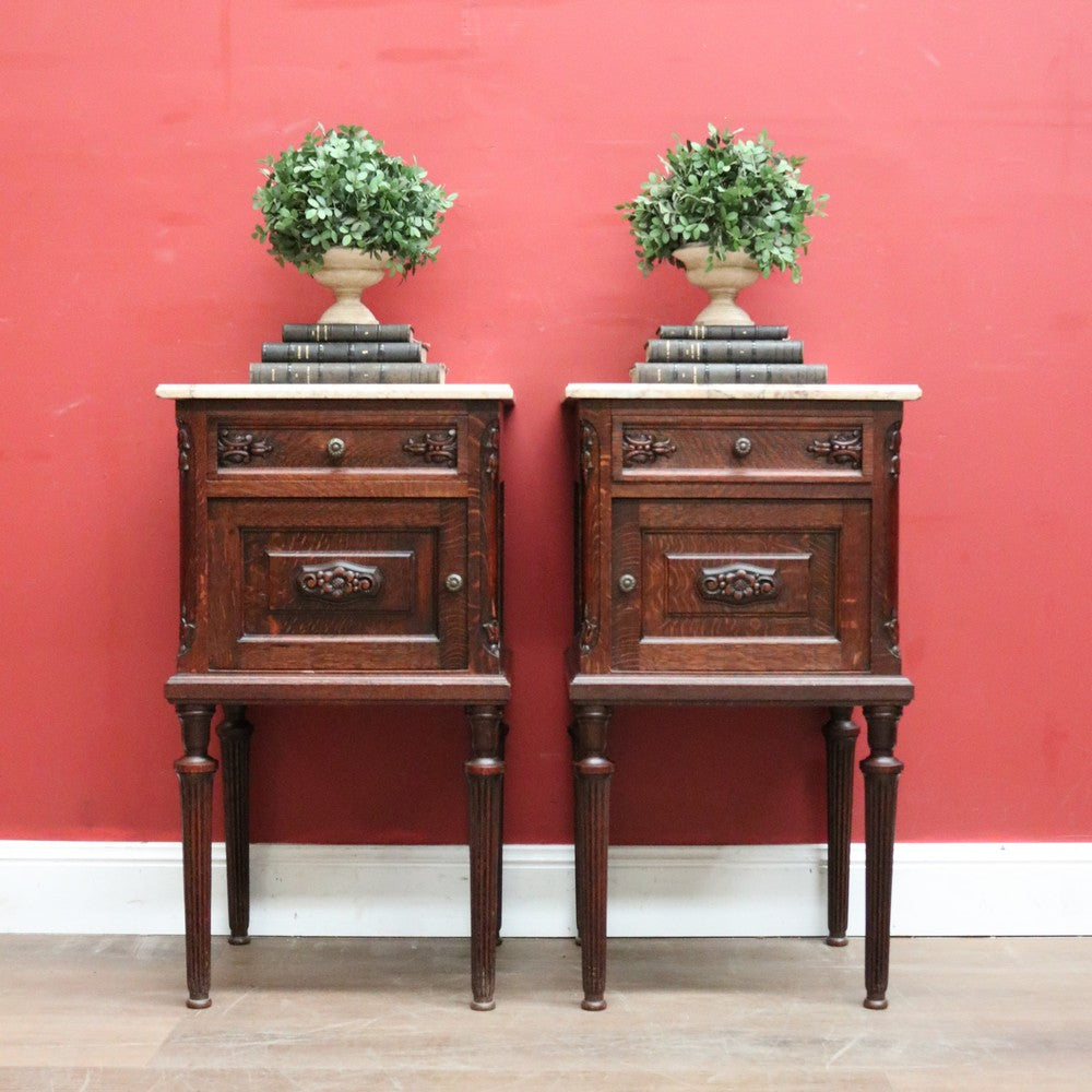 x SOLD A Pair of Antique French Oak and Marble Bedside Cabinets or Lamp Tables. B11952
