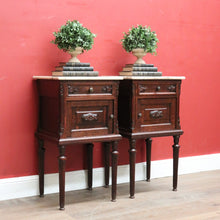 Load image into Gallery viewer, x SOLD A Pair of Antique French Oak and Marble Bedside Cabinets or Lamp Tables. B11952
