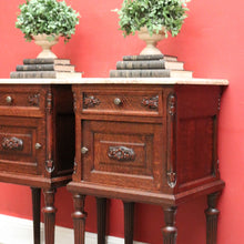 Load image into Gallery viewer, x SOLD A Pair of Antique French Oak and Marble Bedside Cabinets or Lamp Tables. B11952