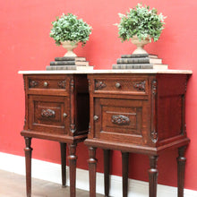 Load image into Gallery viewer, x SOLD A Pair of Antique French Oak and Marble Bedside Cabinets or Lamp Tables. B11952
