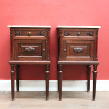 Load image into Gallery viewer, x SOLD A Pair of Antique French Oak and Marble Bedside Cabinets or Lamp Tables. B11952
