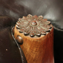 Load image into Gallery viewer, x SOLD Vintage Genuine Cowhide Camel Saddle Seat or Stool, Gilt Brass Mounts, Ottoman or Footstool