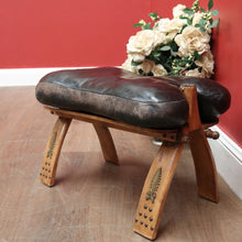 Load image into Gallery viewer, x SOLD Vintage Genuine Cowhide Camel Saddle Seat or Stool, Gilt Brass Mounts, Ottoman or Footstool