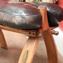 Load image into Gallery viewer, x SOLD Vintage Genuine Cowhide Camel Saddle Seat or Stool, Gilt Brass Mounts, Ottoman or Footstool