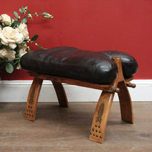 Load image into Gallery viewer, x SOLD Vintage Genuine Cowhide Camel Saddle Seat or Stool, Gilt Brass Mounts, Ottoman or Footstool