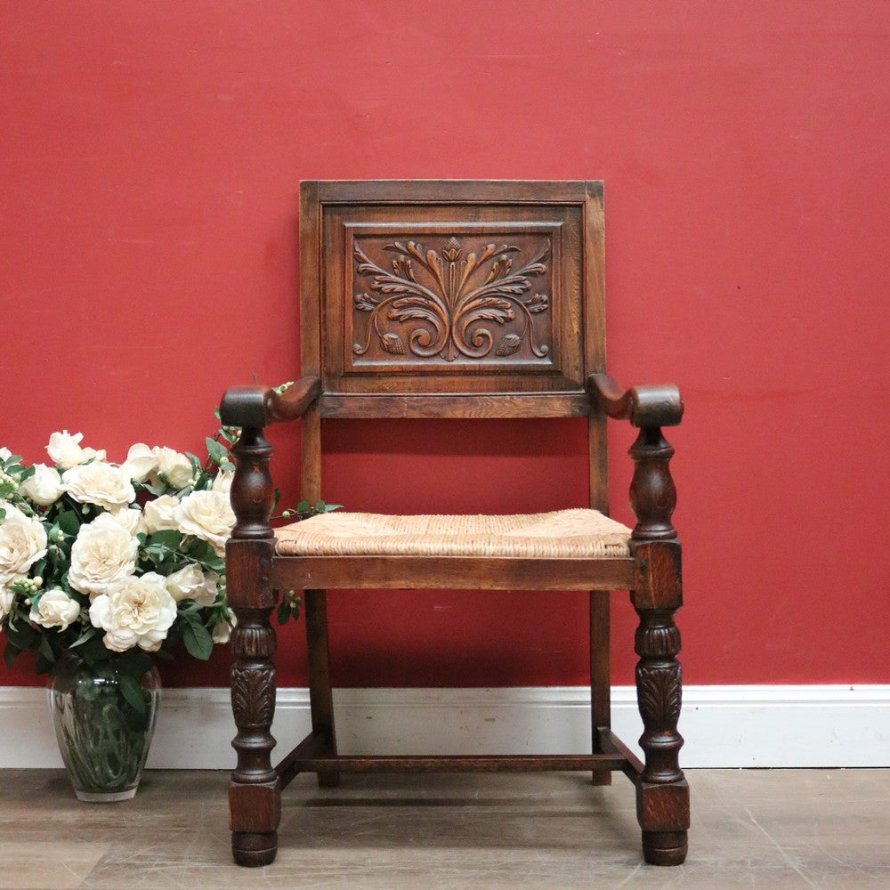 Antique French Hall Chair, an Oak and Rush Seat Carver, Office Chair or Armchair. B11802