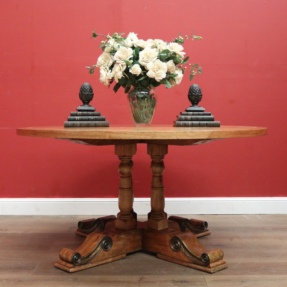 Vintage Antique-style Circular Pedestal Dining or Kitchen Table Fruitwood with Marble Inlay. B11538