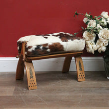 Load image into Gallery viewer, x SOLD Vintage Genuine Cowhide Camel Seat or Saddle Seat, Gilt Brass Mounts, Ottoman or Footstool B11567
